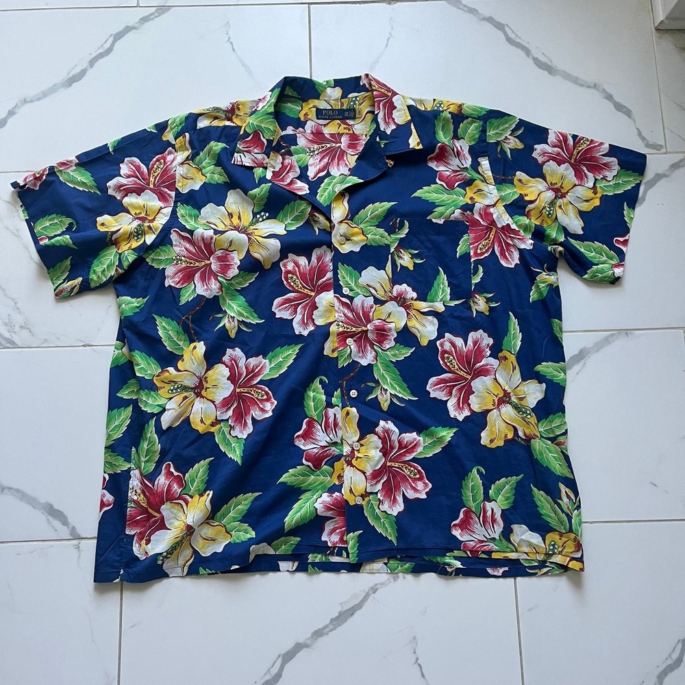 POLO RALPH LAUREN Men's Big & Tall Blue Multi Floral Print Cotton Camp Shirt 2XL